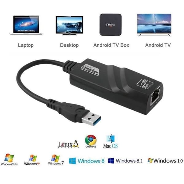 Ethernet LAN-adapter RJ45 Gigabit USB 3.0 10/100/1000 Mbps til PC sort