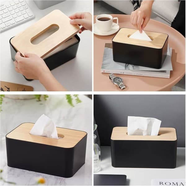 Rektangulær tissueboks med bambuslåg, lavet af plastik, 21 x 13 x 9,5 cm, tissue dispenser til stuen