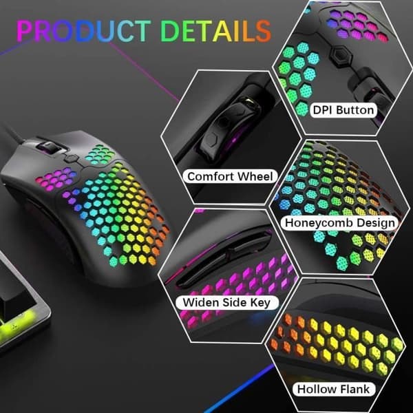 Kablet gamingmus, ultralet honeycomb-vævet overflade, 11 RGB-baggrundsbelyste, programmerbare 7 knapper, sort
