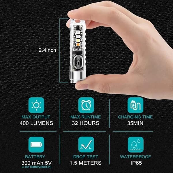 Mini Multifunksjonell Vanntett Oppladbar Lommelykt - 400m Lysrekkevidde - 8 Moduser