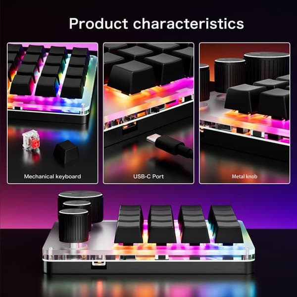 Mini programmerbart tastatur – 16 taster, 3 knapper – Kan tilpasses for tegning, snarveier, spilling – USB-C svart