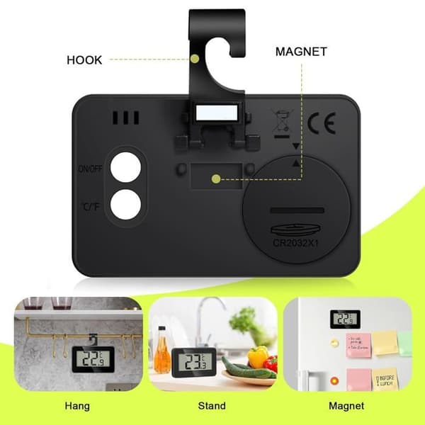 Kylskåpstermometer, 2-pack Mini LCD Digital Termometer med Krok, Svart
