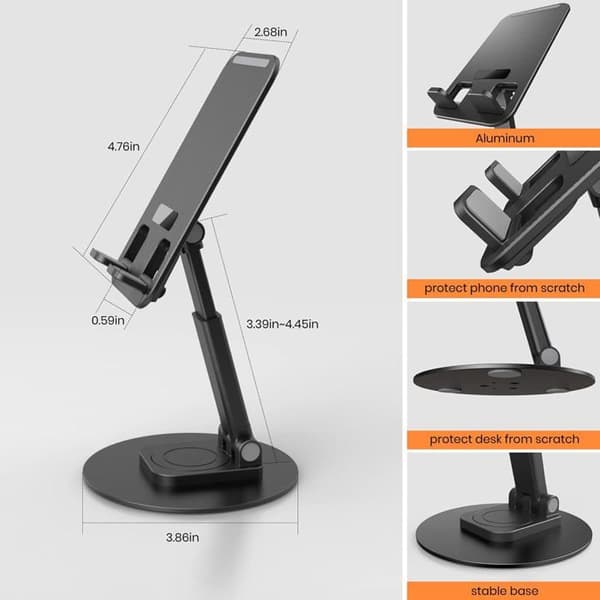 Justerbart skrivebordsstativ for telefon - Sammenleggbart telefon- og nettbrettstativ i aluminium med 360° roterende base