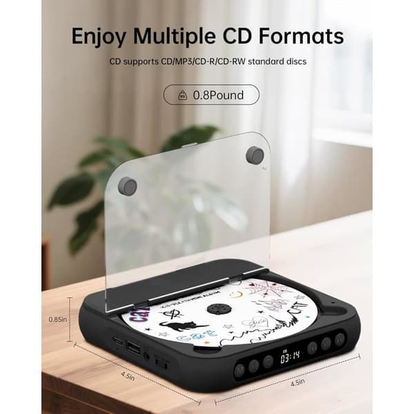 Bluetooth CD-afspiller - Mini bærbar CD-afspiller - Slank og let - Genopladelig - Hi-Fi-lyd - MP3/CD/CD-R-kompatibel - Sort