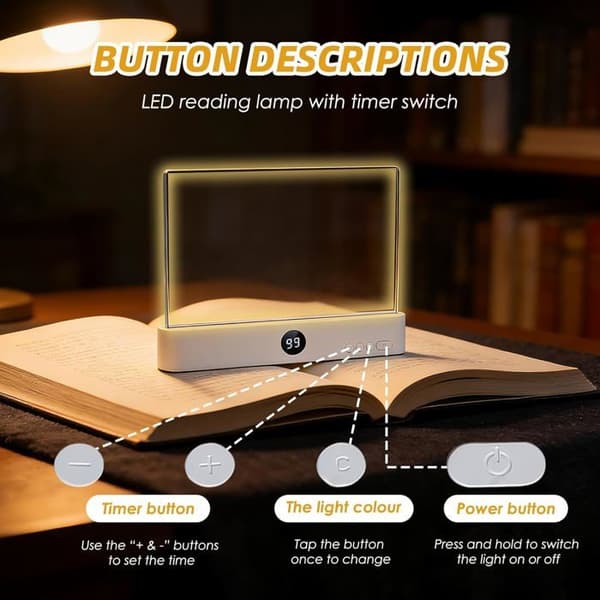 LED lese- og boklys med 3 farger og timer, oppladbar smart flatpanel, multifunksjonell, hvit