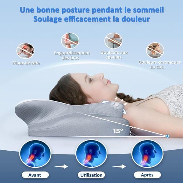 Ergonomisk Nackkudde, Memory Foam Kudde, Kudde för Sido- och Ryggsovande, Grå