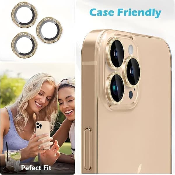 Linsebeskytter for iPhone 14 Pro/iPhone 14 Pro Max, glitterdekorasjon, ultratynn, gull