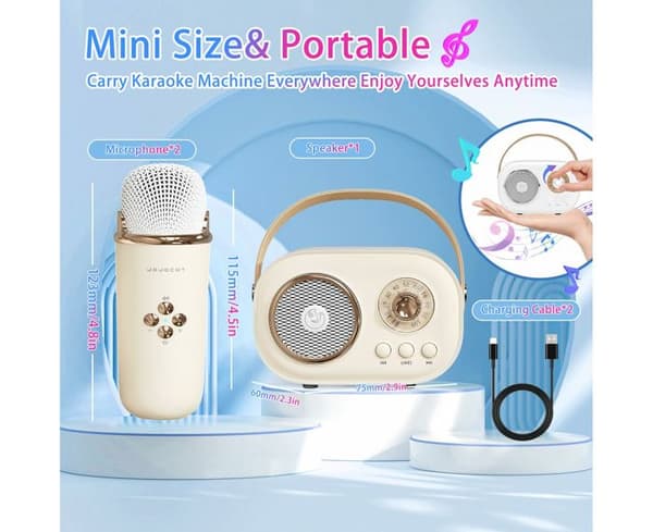 Mini Karaoke for barn, bærbar Bluetooth-høyttaler med 2 trådløse mikrofoner, leker for gutter og jenter