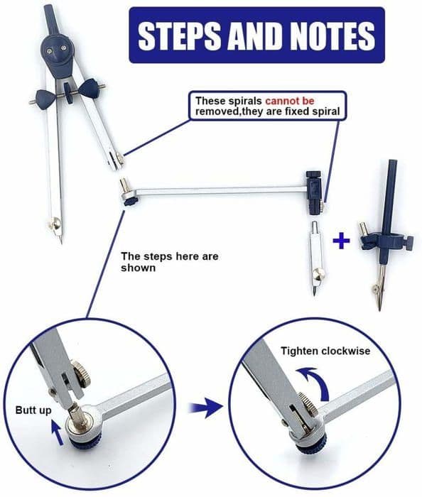 Sett med passer i rustfritt stål og 5 tilbehør for barn til tegning, matematikk og geometri NPTERBL