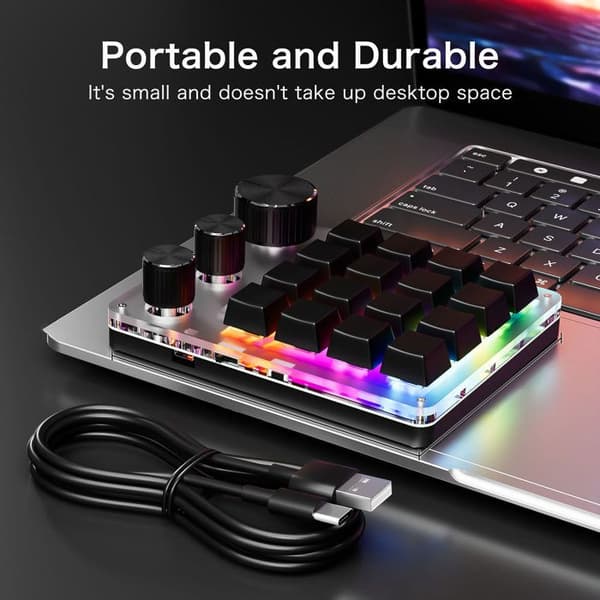 Mini programmerbart tastatur – 16 taster, 3 knapper – Kan tilpasses for tegning, snarveier, spilling – USB-C svart