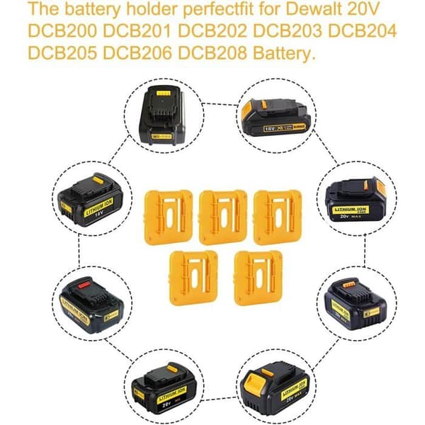 Set med 5 batterihållare för Dewalt 20V-batterier, kompatibel med modellerna DCB200, DCB201, DCB202, DCB203, DCB204
