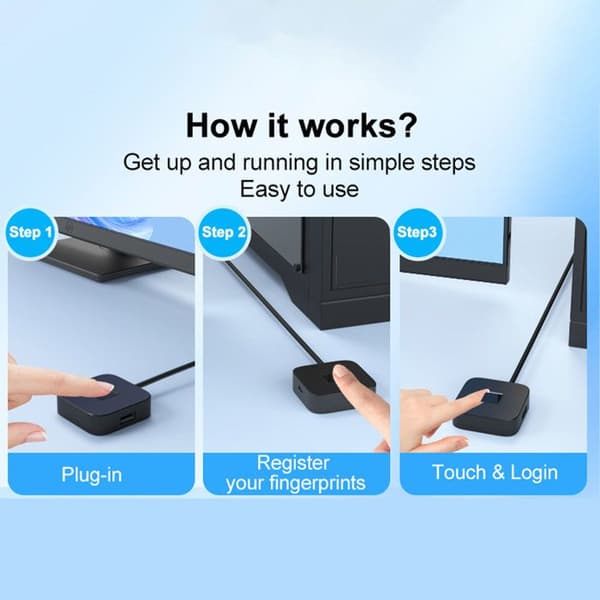 USB-fingeravtrykksleser – Windows Hello – Passordfri pålogging – Mini 360° svart skanner