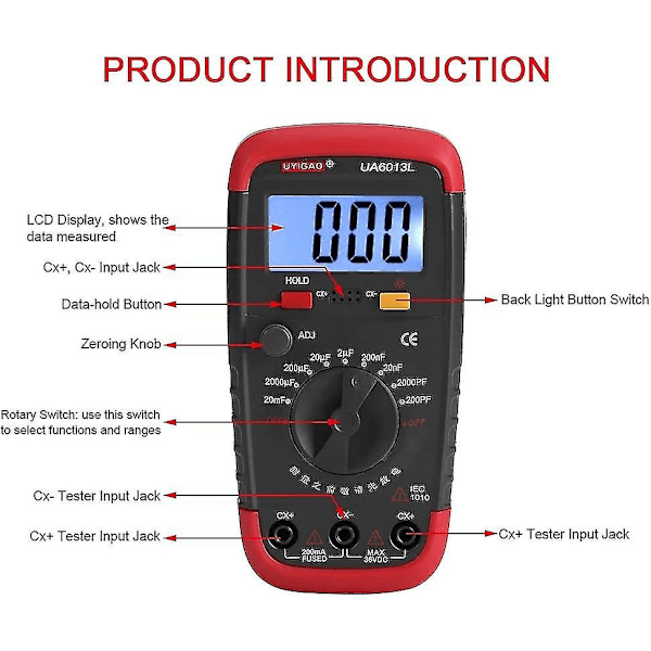 Digital kapacitansmåler, kondensatortester 0,1pf - 20000uf med LCD-baggrundsbelysning Max 1999 display
