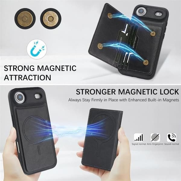 iPhone 17, Magnetisk kortholder, Kunstlæderetui, Sort