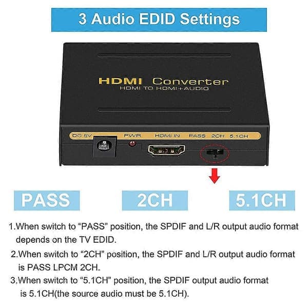 HDMI til HDMI + Audio (SPDIF + H/V) Konverter (EU-stik) (Sort) Sort