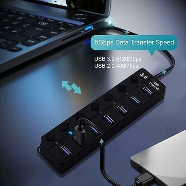 7-ports USB 3.0 Hub - Strømafbryder Splitter - Overførselshastigheder op til 5 Gbps - Udvidelse til MacBook og PC