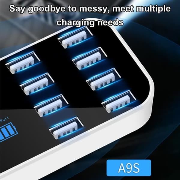 A9S 8-ports hurtig biloplader med multi-USB LCD-display, 12V telefonoplader og USB-hub til telefoner, tablets og tablets D-54