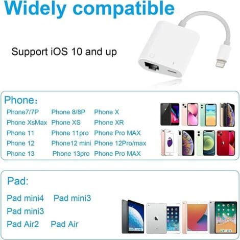 Lightning til RJ45 Ethernet-adapter – 10/100 Mbps opladning og forbindelse – Plug and Play til iPhone/iPad – iOS 10.3.3+ kompatibel