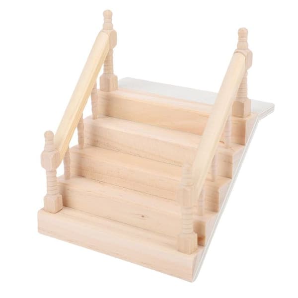 Miniature trætrappe – sikkert gelænder – realistisk 12 cm – til dukkehus