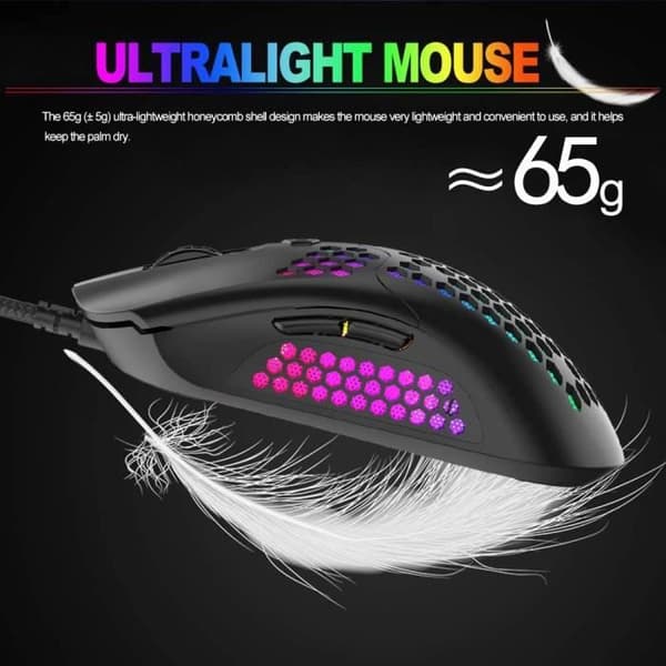 Kablet gamingmus, ultralet honeycomb-vævet overflade, 11 RGB-baggrundsbelyste, programmerbare 7 knapper, sort