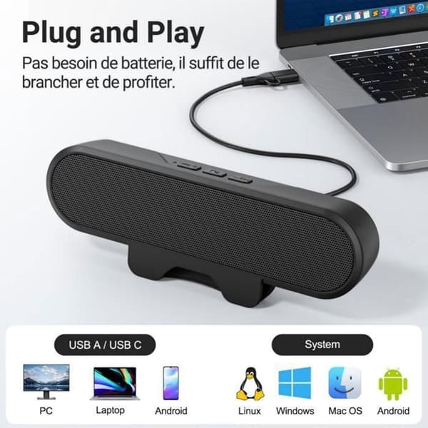 PC-høyttaler, USB PC-høyttaler for skjerm, mini-lydplanke med klips for bærbar PC, Mac, stasjonær PC, plug and play