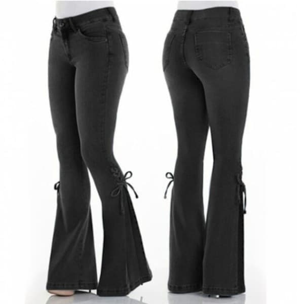 Dame mid-waisted Bell Bottom Jeans sort sort black S