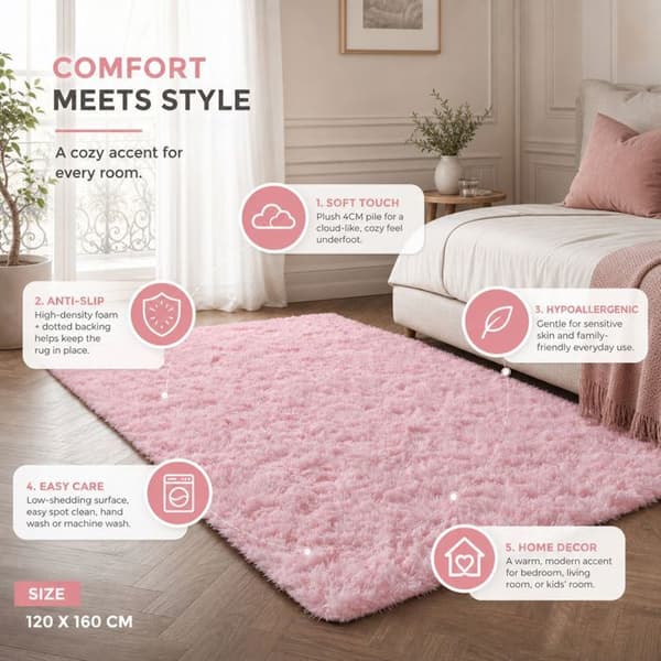 Mjuk, halkfri ryamatta – mjuk polyester 4 cm – för vardagsrum, sovrum och soffa – rosa 120 x 160 cm