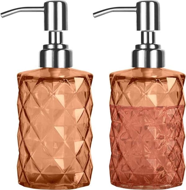 Sæt med 2 sæbedispensere i glas med 304 rustfri stålpumpe, genopfyldelig håndsæbedispenser