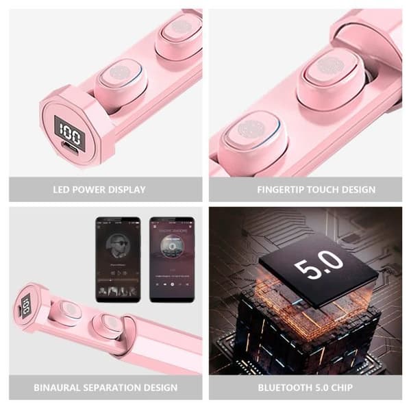 Trådløse ørepropper - Bluetooth - 9D HiFi - IPX5 Vanntett - Sport - Rosa