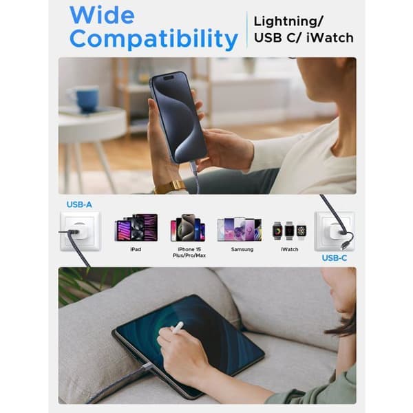 Opgraderet 3-i-2 USB-C-kabel til Apple Watch og iPhone-oplader, multi-hurtig USB-C-opladningskabel