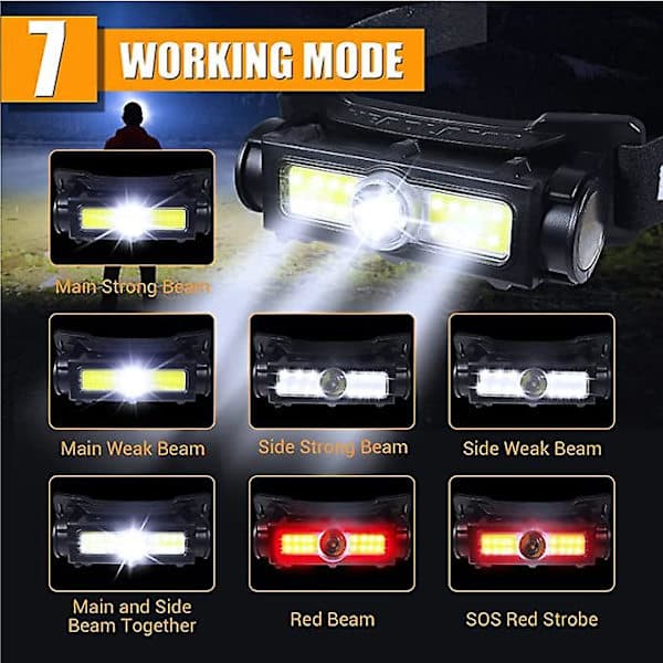 Vanntette hodelykter 2000 Lumen Supersterke hvite røde lys, 7 moduser for camping, sykling, løping, fiske