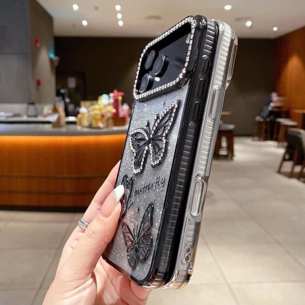 Et glitrende sommerfugletui til iPhone 17 Pro Max, et søtt og luksuriøst glitrende diamantetui (lilla).