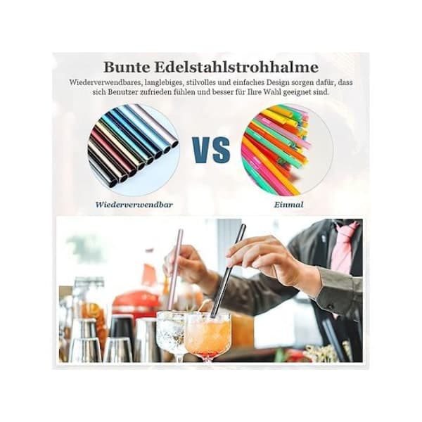 Bubble Tea Sugerør - Rustfrit Stål 8 stk. Farvede Sugerør
