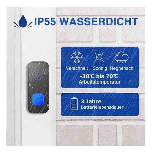 Trådløs dørklokke - 1 mottaker + 2 sendere - IP55 vanntett - 55 ringetoner - Justerbart volum