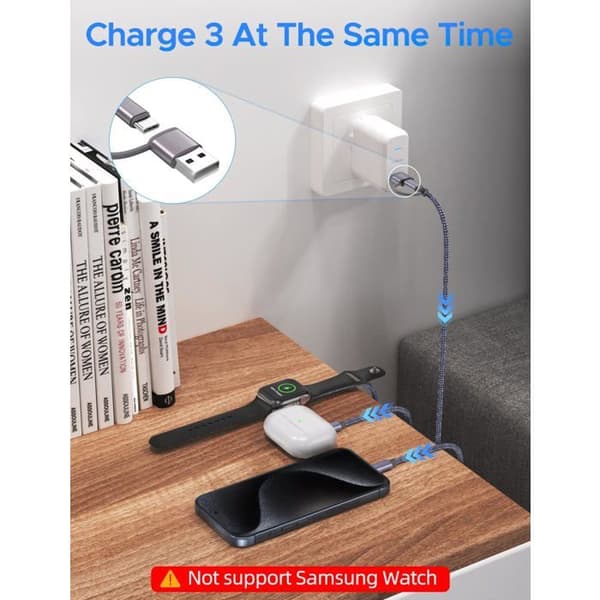 Oppgradert 3-i-2 USB-C-kabel for Apple Watch og iPhone-lader, multi-rask USB-C-ladekabel