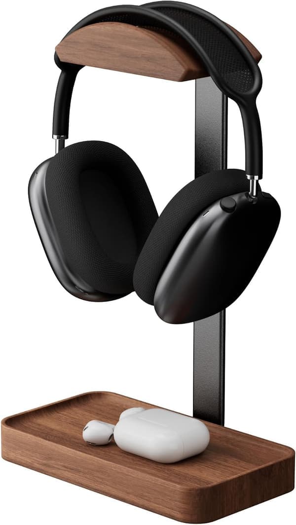 Valnød Hovedtelefonstativ - Gaming Headset Holder m/Opbevaringsbase - Universal Skrivebord