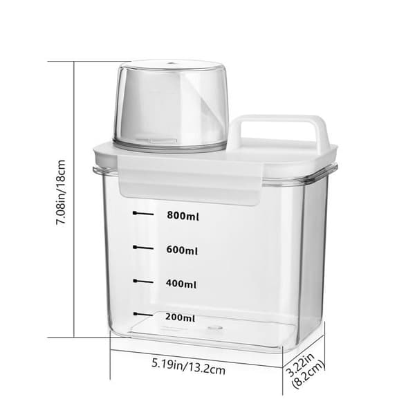 1100 ml lufttett vaskemiddeldispenser med målebeger, oppbevaringsboks, vaskemiddelbeholder