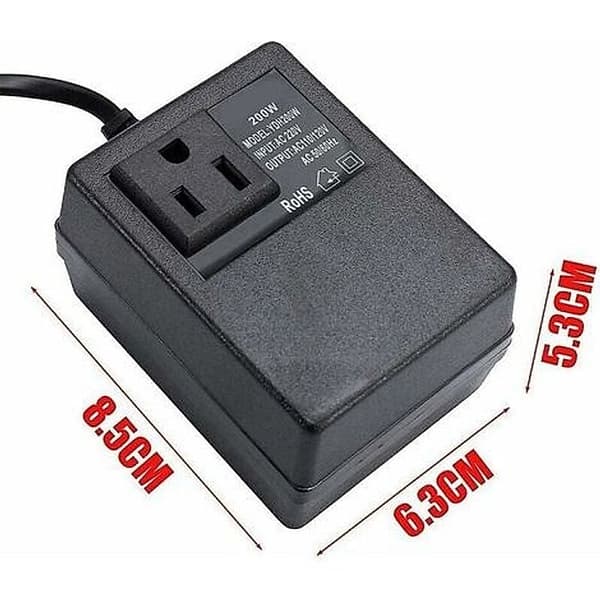 220V til 110V transformator, 200W, med europeisk plugg, for redusert spenning.