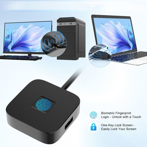 USB-fingeravtrykksleser – Windows Hello – Passordfri pålogging – Mini 360° svart skanner