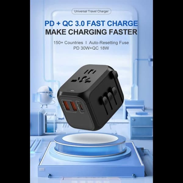 Yleissovitin 30W, 2 USB-A, 1 USB-C - Yhteensopiva yli 100 maan kanssa