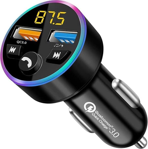 Bluetooth lydsender for biladapter, QC 3.0 MP3-spiller, 12V rask billading, 8 RGB-lysdioder, 2 USB-porter