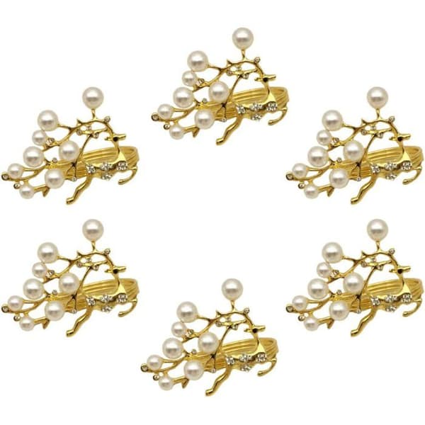 Sæt med 6 jule-rhinstensservietringe, rensdyrmotiv, til julemiddagsborddekoration (guld).