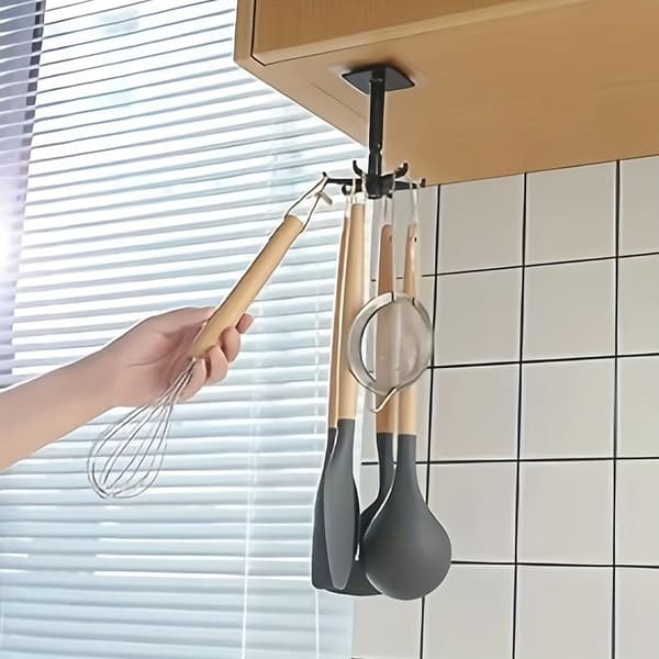 1 robust köksredskapskrok – 6-krokig väggmontering, 360° roterbar och vikbar