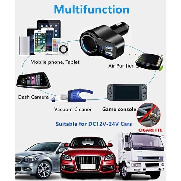 4-i-1 120W USB-C billaderadapter [PD3.0 + doble USB-A-porter] 12V/24V USB sigarettenner splitteradapter