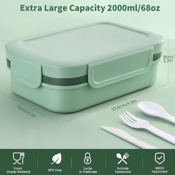 Stor 2000 ml Bento matboks, stablebar japansk matboks med 8 rom, med bestikksett (grønn).
