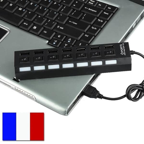 USB 2.0 HUB - SIMPLISIM - 7 porte - ON/OFF-kontakt - Kompatibel med Windows, Mac, Linux - Sort