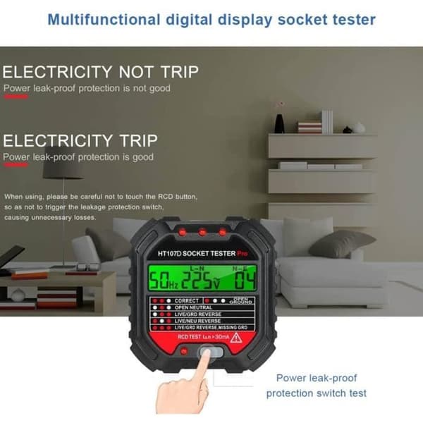 HT107 Stikdåsetester, RCD Multifunktions Auto Output Detektor med LCD Display Måler Værktøj