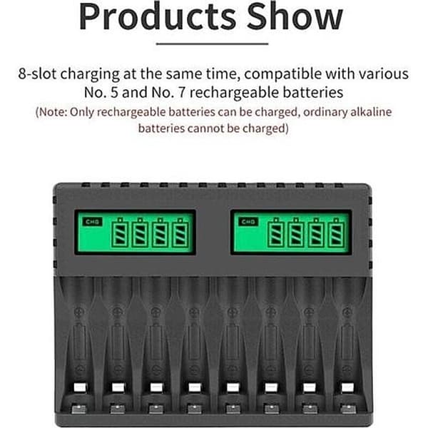 8-spors smart batterilader med LCD-skjerm for AA/AAA NiCd NiMh oppladbare batterier, AA AAA batterilader