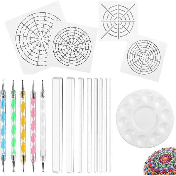 Mandala Art Dotting Tools 18-sæt Inklusive 4 Mandala Stencils, 8 Akrylpinde, Farvepalet, 5 Dobbeltsidede