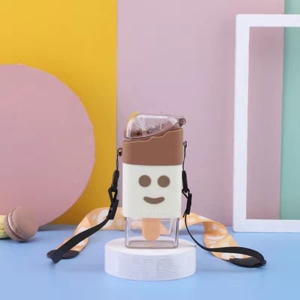 Söt tecknad mönstrad plastmugg för praktiska studenter, med repstrå, dubbelvägg (smiley-ansiktsmönster).